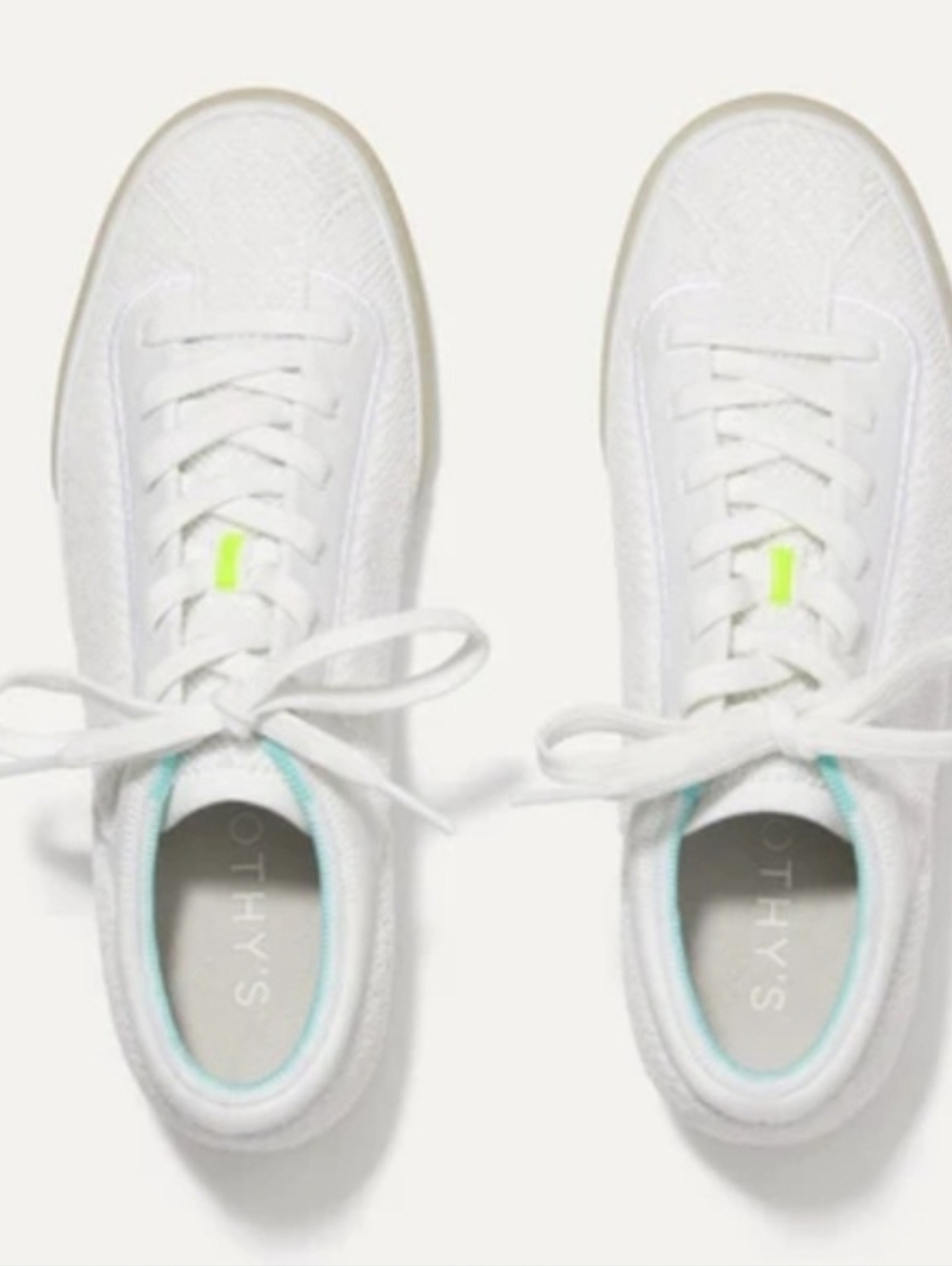 Rothy's White Knit Lace-Up Sneakers with Mint Trim and Neon Accent